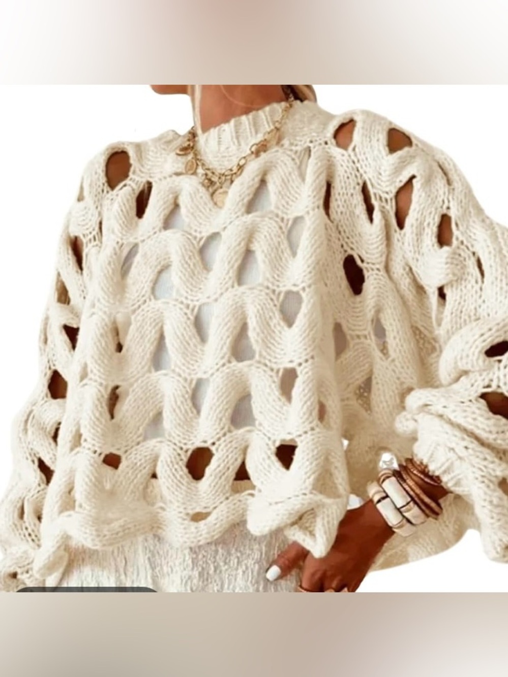 cropped open-knit sweater ft/ a wavy cutout pattern & voluminous balloon sleeves